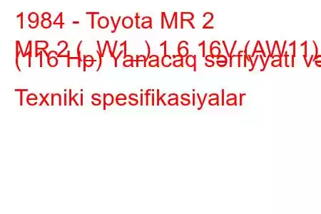 1984 - Toyota MR 2
MR 2 (_W1_) 1.6 16V (AW11) (116 Hp) Yanacaq sərfiyyatı və Texniki spesifikasiyalar