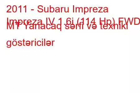 2011 - Subaru Impreza
Impreza IV 1.6i (114 Hp) FWD MT Yanacaq sərfi və texniki göstəricilər