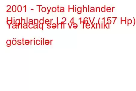 2001 - Toyota Highlander
Highlander I 2.4 16V (157 Hp) Yanacaq sərfi və Texniki göstəricilər