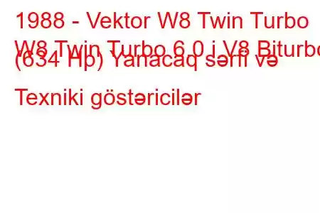 1988 - Vektor W8 Twin Turbo
W8 Twin Turbo 6.0 i V8 Biturbo (634 Hp) Yanacaq sərfi və Texniki göstəricilər