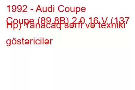 1992 - Audi Coupe
Coupe (89.8B) 2.0 16 V (137 Hp) Yanacaq sərfi və texniki göstəricilər