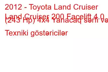 2012 - Toyota Land Cruiser
Land Cruiser 200 Facelift 4.0 (243 Hp) 4x4 Yanacaq sərfi və Texniki göstəricilər