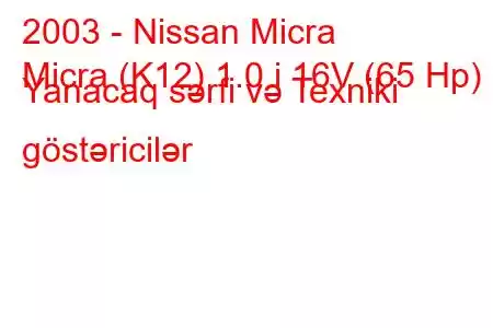 2003 - Nissan Micra
Micra (K12) 1.0 i 16V (65 Hp) Yanacaq sərfi və Texniki göstəricilər