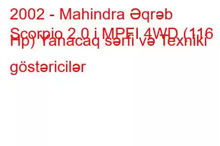 2002 - Mahindra Əqrəb
Scorpio 2.0 i MPFI 4WD (116 Hp) Yanacaq sərfi və Texniki göstəricilər