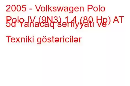 2005 - Volkswagen Polo
Polo IV (9N3) 1.4 (80 Hp) AT 5d Yanacaq sərfiyyatı və Texniki göstəricilər