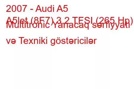 2007 - Audi A5
A5let (8F7) 3.2 TFSI (265 Hp) Multitronic Yanacaq sərfiyyatı və Texniki göstəricilər