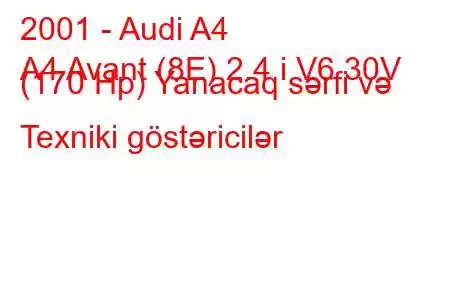 2001 - Audi A4
A4 Avant (8E) 2.4 i V6 30V (170 Hp) Yanacaq sərfi və Texniki göstəricilər