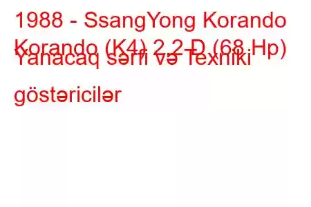 1988 - SsangYong Korando
Korando (K4) 2.2 D (68 Hp) Yanacaq sərfi və Texniki göstəricilər