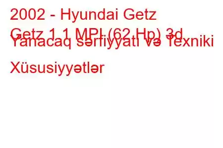 2002 - Hyundai Getz
Getz 1.1 MPI (62 Hp) 3d Yanacaq sərfiyyatı və Texniki Xüsusiyyətlər