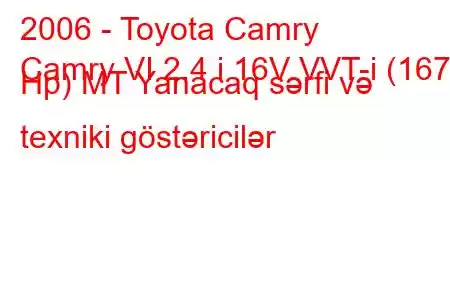 2006 - Toyota Camry
Camry VI 2.4 i 16V VVT-i (167 Hp) MT Yanacaq sərfi və texniki göstəricilər