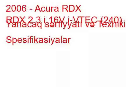 2006 - Acura RDX
RDX 2.3 i 16V i-VTEC (240) Yanacaq sərfiyyatı və Texniki Spesifikasiyalar