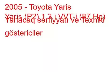 2005 - Toyota Yaris
Yaris (P2) 1.3 i VVT-i (87 Hp) Yanacaq sərfiyyatı və Texniki göstəricilər