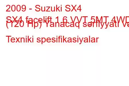 2009 - Suzuki SX4
SX4 facelift 1.6 VVT 5MT 4WD (120 Hp) Yanacaq sərfiyyatı və Texniki spesifikasiyalar