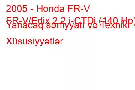 2005 - Honda FR-V
FR-V/Edix 2.2 i-CTDi (140 Hp) Yanacaq sərfiyyatı və Texniki Xüsusiyyətlər