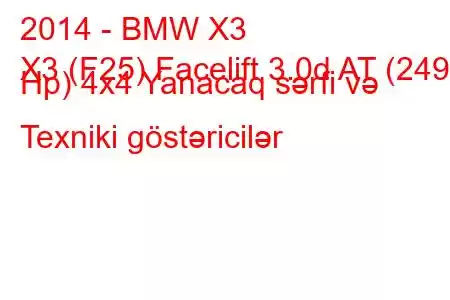 2014 - BMW X3
X3 (F25) Facelift 3.0d AT (249 Hp) 4x4 Yanacaq sərfi və Texniki göstəricilər