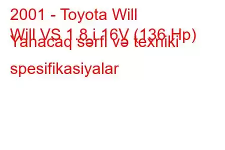 2001 - Toyota Will
Will VS 1.8 i 16V (136 Hp) Yanacaq sərfi və texniki spesifikasiyalar