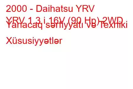 2000 - Daihatsu YRV
YRV 1.3 i 16V (90 Hp) 2WD Yanacaq sərfiyyatı və Texniki Xüsusiyyətlər