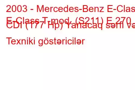 2003 - Mercedes-Benz E-Class
E-Class T-mod. (S211) E 270 CDI (177 Hp) Yanacaq sərfi və Texniki göstəricilər