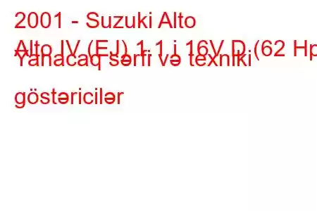 2001 - Suzuki Alto
Alto IV (EJ) 1.1 i 16V D (62 Hp) Yanacaq sərfi və texniki göstəricilər