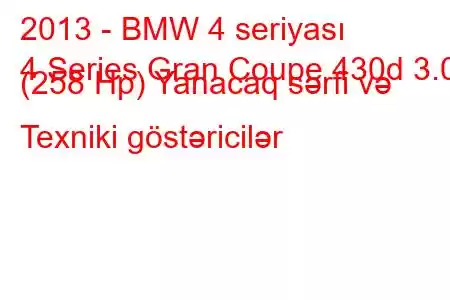 2013 - BMW 4 seriyası
4 Series Gran Coupe 430d 3.0 (258 Hp) Yanacaq sərfi və Texniki göstəricilər