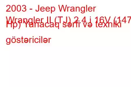 2003 - Jeep Wrangler
Wrangler II (TJ) 2.4 i 16V (147 Hp) Yanacaq sərfi və texniki göstəricilər