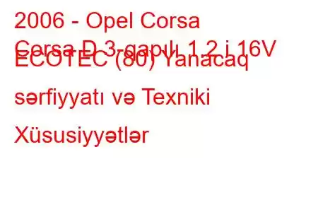 2006 - Opel Corsa
Corsa D 3-qapılı 1.2 i 16V ECOTEC (80) Yanacaq sərfiyyatı və Texniki Xüsusiyyətlər