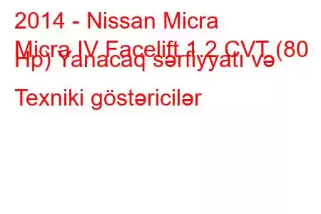 2014 - Nissan Micra
Micra IV Facelift 1.2 CVT (80 Hp) Yanacaq sərfiyyatı və Texniki göstəricilər