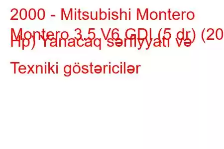 2000 - Mitsubishi Montero
Montero 3.5 V6 GDI (5 dr) (202 Hp) Yanacaq sərfiyyatı və Texniki göstəricilər