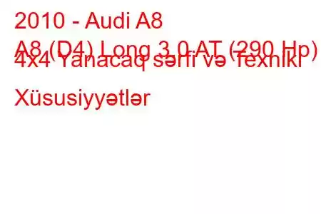 2010 - Audi A8
A8 (D4) Long 3.0 AT (290 Hp) 4x4 Yanacaq sərfi və Texniki Xüsusiyyətlər