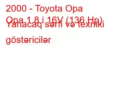 2000 - Toyota Opa
Opa 1.8 i 16V (136 Hp) Yanacaq sərfi və texniki göstəricilər