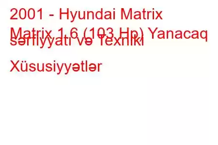 2001 - Hyundai Matrix
Matrix 1.6 (103 Hp) Yanacaq sərfiyyatı və Texniki Xüsusiyyətlər