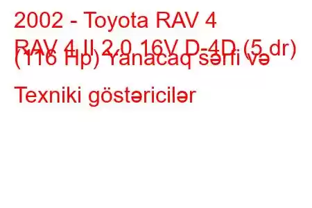 2002 - Toyota RAV 4
RAV 4 II 2.0 16V D-4D (5 dr) (116 Hp) Yanacaq sərfi və Texniki göstəricilər