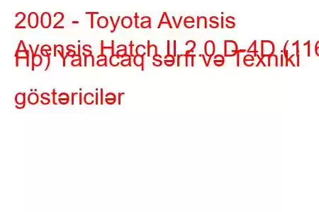 2002 - Toyota Avensis
Avensis Hatch II 2.0 D-4D (116 Hp) Yanacaq sərfi və Texniki göstəricilər