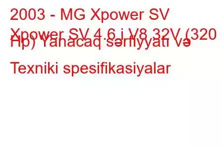 2003 - MG Xpower SV
Xpower SV 4.6 i V8 32V (320 Hp) Yanacaq sərfiyyatı və Texniki spesifikasiyalar