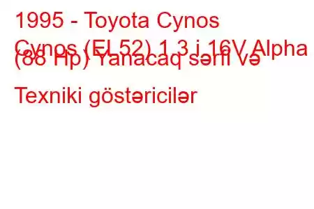 1995 - Toyota Cynos
Cynos (EL52) 1.3 i 16V Alpha (88 Hp) Yanacaq sərfi və Texniki göstəricilər