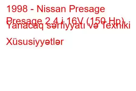 1998 - Nissan Presage
Presage 2.4 i 16V (150 Hp) Yanacaq sərfiyyatı və Texniki Xüsusiyyətlər