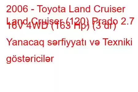 2006 - Toyota Land Cruiser
Land Cruiser (120) Prado 2.7 i 16V 4WD (163 Hp) (3 dr) Yanacaq sərfiyyatı və Texniki göstəricilər