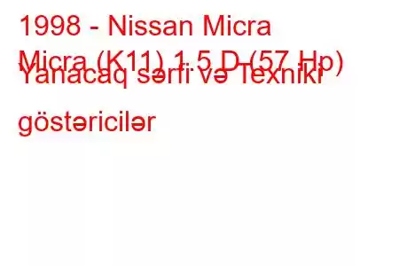 1998 - Nissan Micra
Micra (K11) 1.5 D (57 Hp) Yanacaq sərfi və Texniki göstəricilər