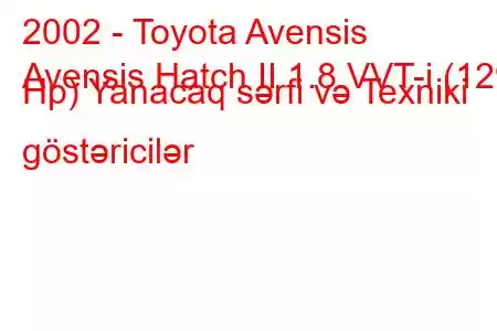 2002 - Toyota Avensis
Avensis Hatch II 1.8 VVT-i (129 Hp) Yanacaq sərfi və Texniki göstəricilər