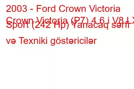 2003 - Ford Crown Victoria
Crown Victoria (P7) 4.6 i V8 LX Sport (242 Hp) Yanacaq sərfi və Texniki göstəricilər