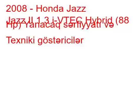 2008 - Honda Jazz
Jazz II 1.3 i-VTEC Hybrid (88 Hp) Yanacaq sərfiyyatı və Texniki göstəricilər