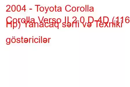 2004 - Toyota Corolla
Corolla Verso II 2.0 D-4D (116 Hp) Yanacaq sərfi və Texniki göstəricilər