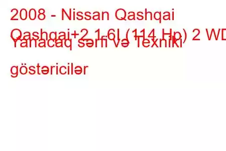 2008 - Nissan Qashqai
Qashqai+2 1.6I (114 Hp) 2 WD Yanacaq sərfi və Texniki göstəricilər