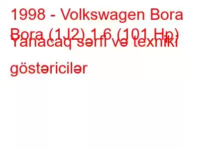 1998 - Volkswagen Bora
Bora (1J2) 1.6 (101 Hp) Yanacaq sərfi və texniki göstəricilər