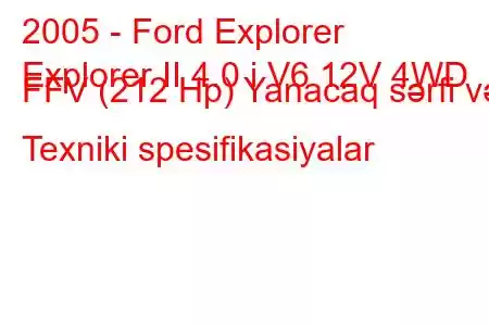 2005 - Ford Explorer
Explorer II 4.0 i V6 12V 4WD FFV (212 Hp) Yanacaq sərfi və Texniki spesifikasiyalar