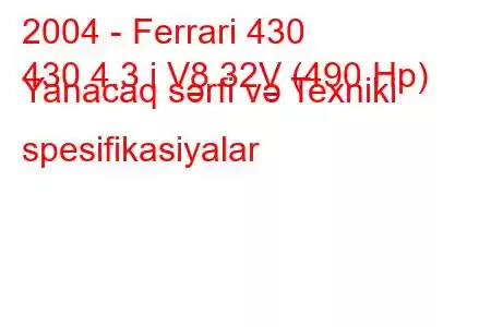 2004 - Ferrari 430
430 4.3 i V8 32V (490 Hp) Yanacaq sərfi və Texniki spesifikasiyalar