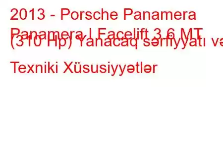 2013 - Porsche Panamera
Panamera I Facelift 3.6 MT (310 Hp) Yanacaq sərfiyyatı və Texniki Xüsusiyyətlər