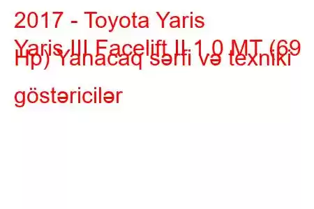 2017 - Toyota Yaris
Yaris III Facelift II 1.0 MT (69 Hp) Yanacaq sərfi və texniki göstəricilər