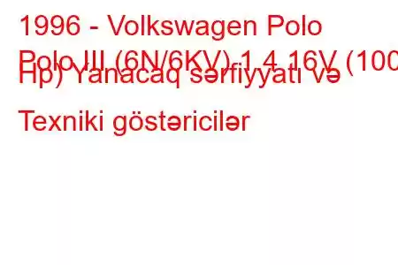 1996 - Volkswagen Polo
Polo III (6N/6KV) 1.4 16V (100 Hp) Yanacaq sərfiyyatı və Texniki göstəricilər