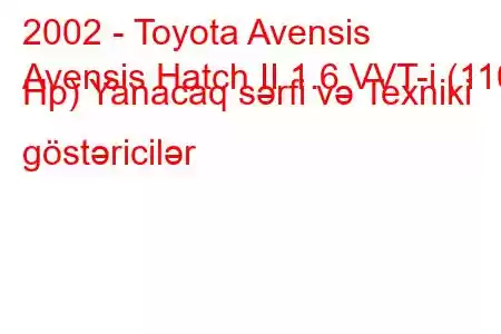 2002 - Toyota Avensis
Avensis Hatch II 1.6 VVT-i (110 Hp) Yanacaq sərfi və Texniki göstəricilər